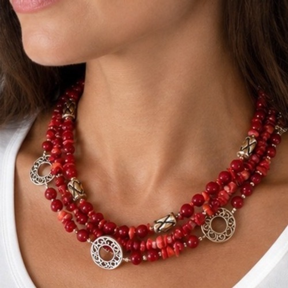 Premier Red Multi Strand Beaded Statement Necklace Silver Filigree Accents